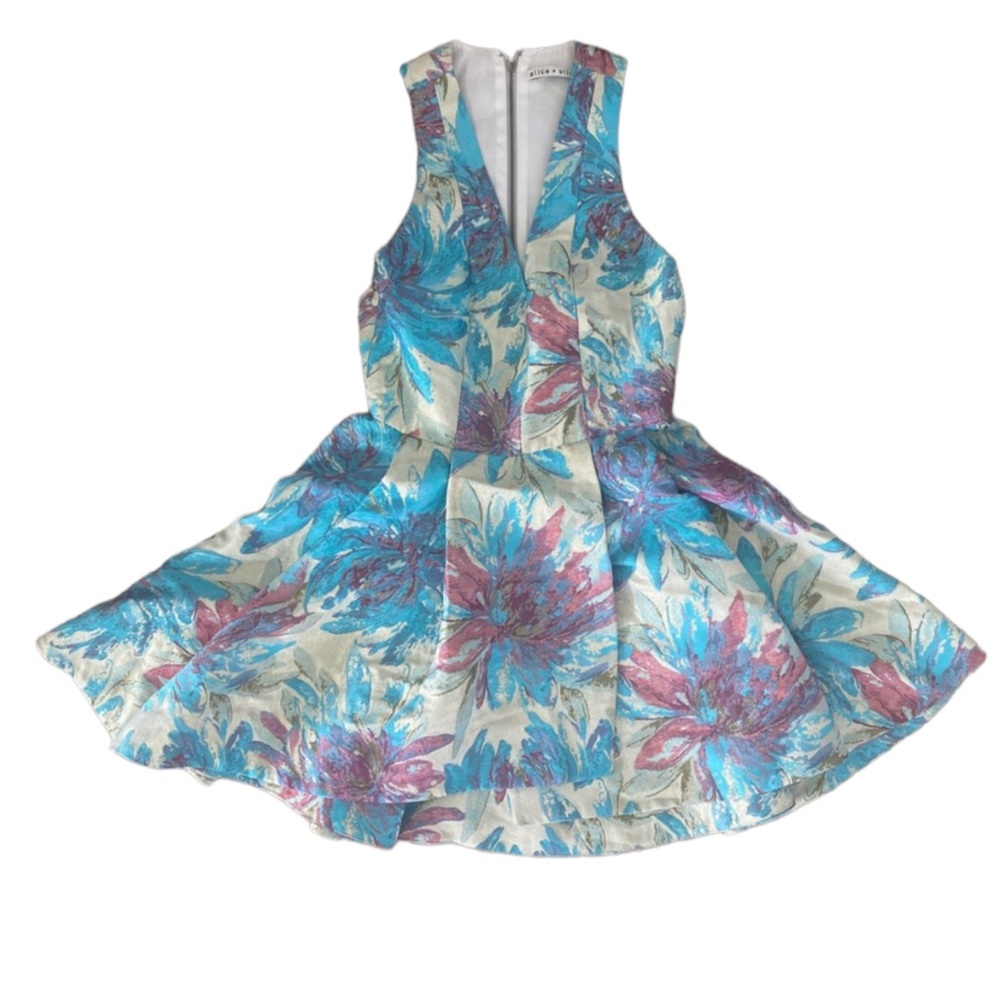 Alice + Olivia Fit & Flare Pink Blue Floral Metallic Mini dress